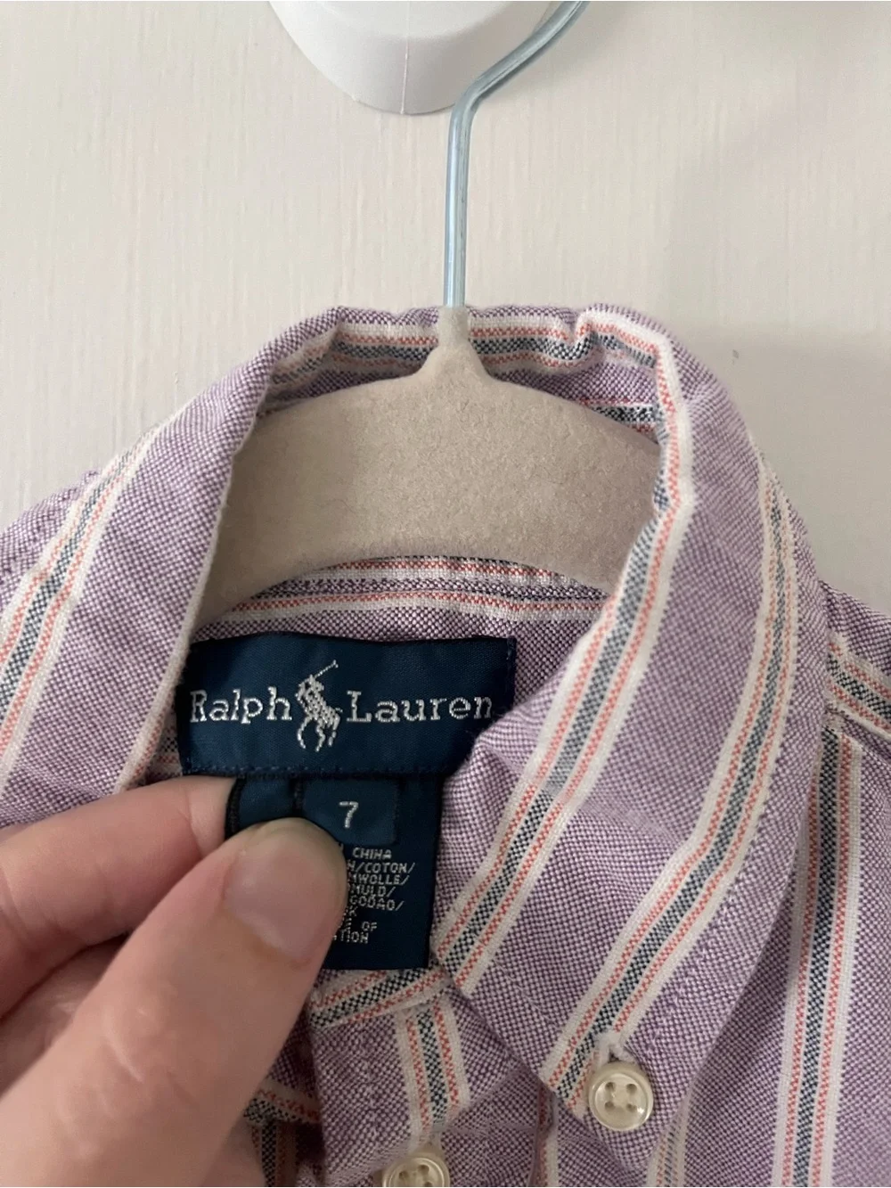 Ralph Lauren Boys Button Down Lilac Purple Vertical Stripe 100% Cotton Size 7